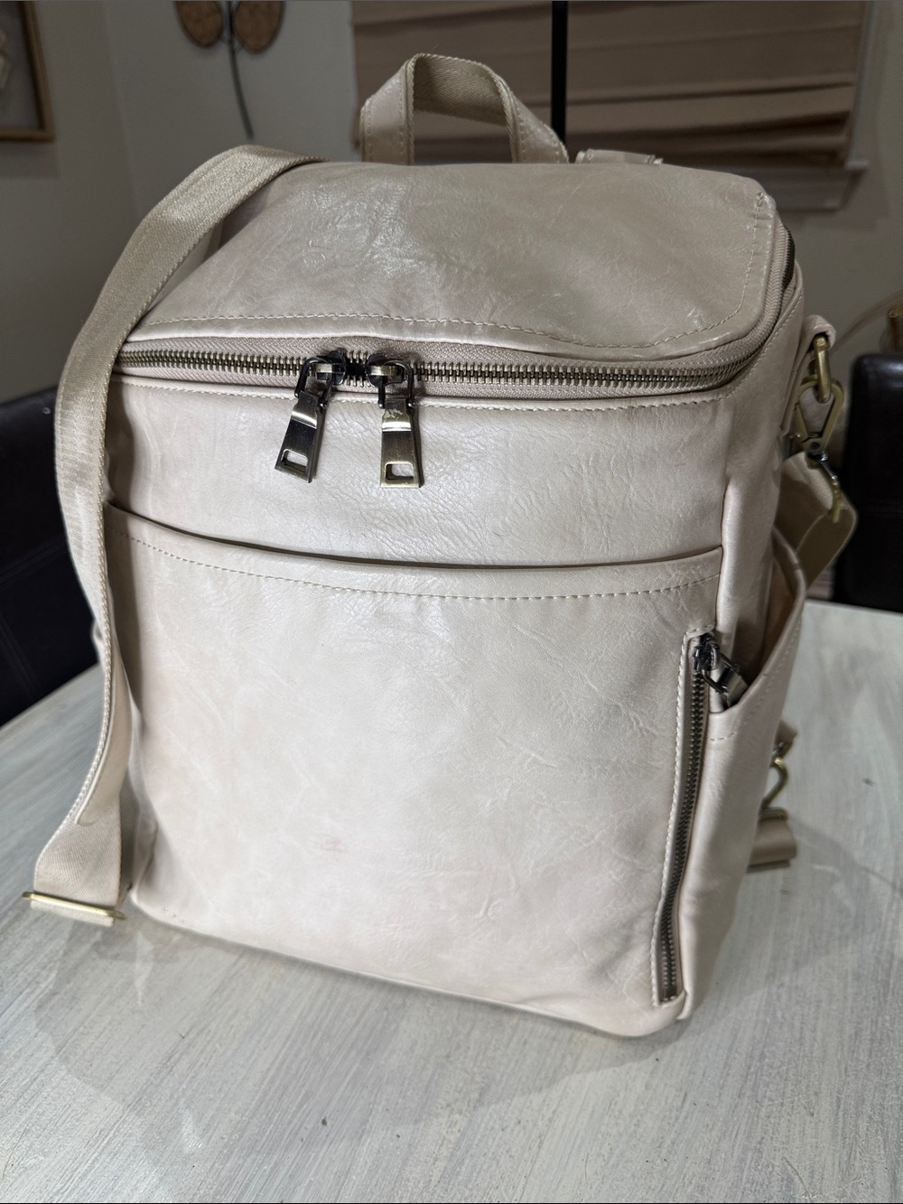 La Mere Versatile Cream Faux-Leather Convertible Backpack/Baby Bag